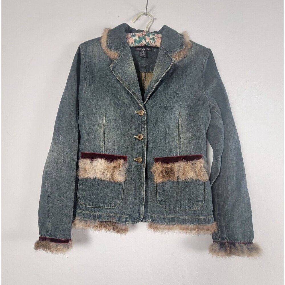 Rubber Doll Denim Jacket Women's Medium Blue Long Sleeve Faux Fur Lace Trim Y2K